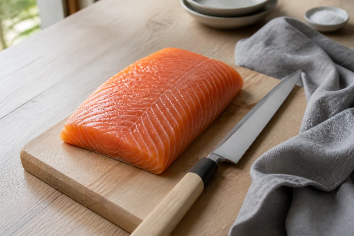 Filet de saumon frais posé sur une planche en bois clair à côté d&rsquo;un couteau japonais