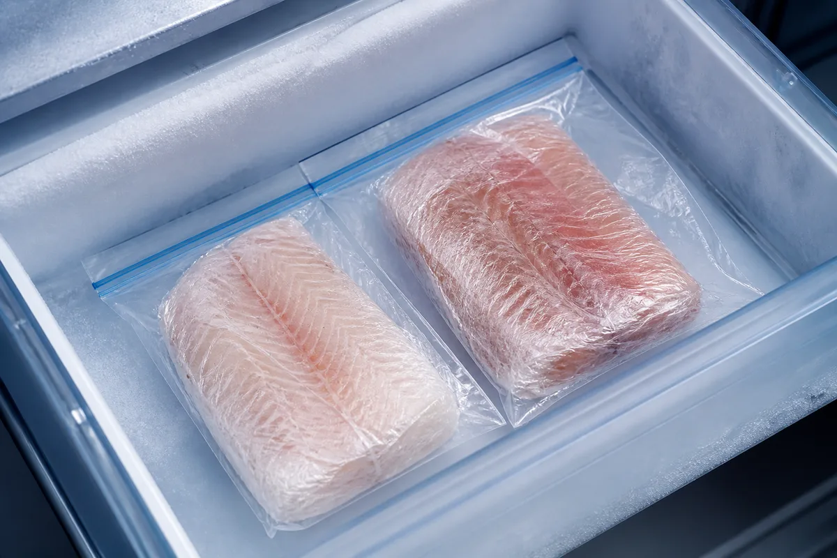 Morceaux de poisson emballés sous film prêts pour la congélation dans un tiroir