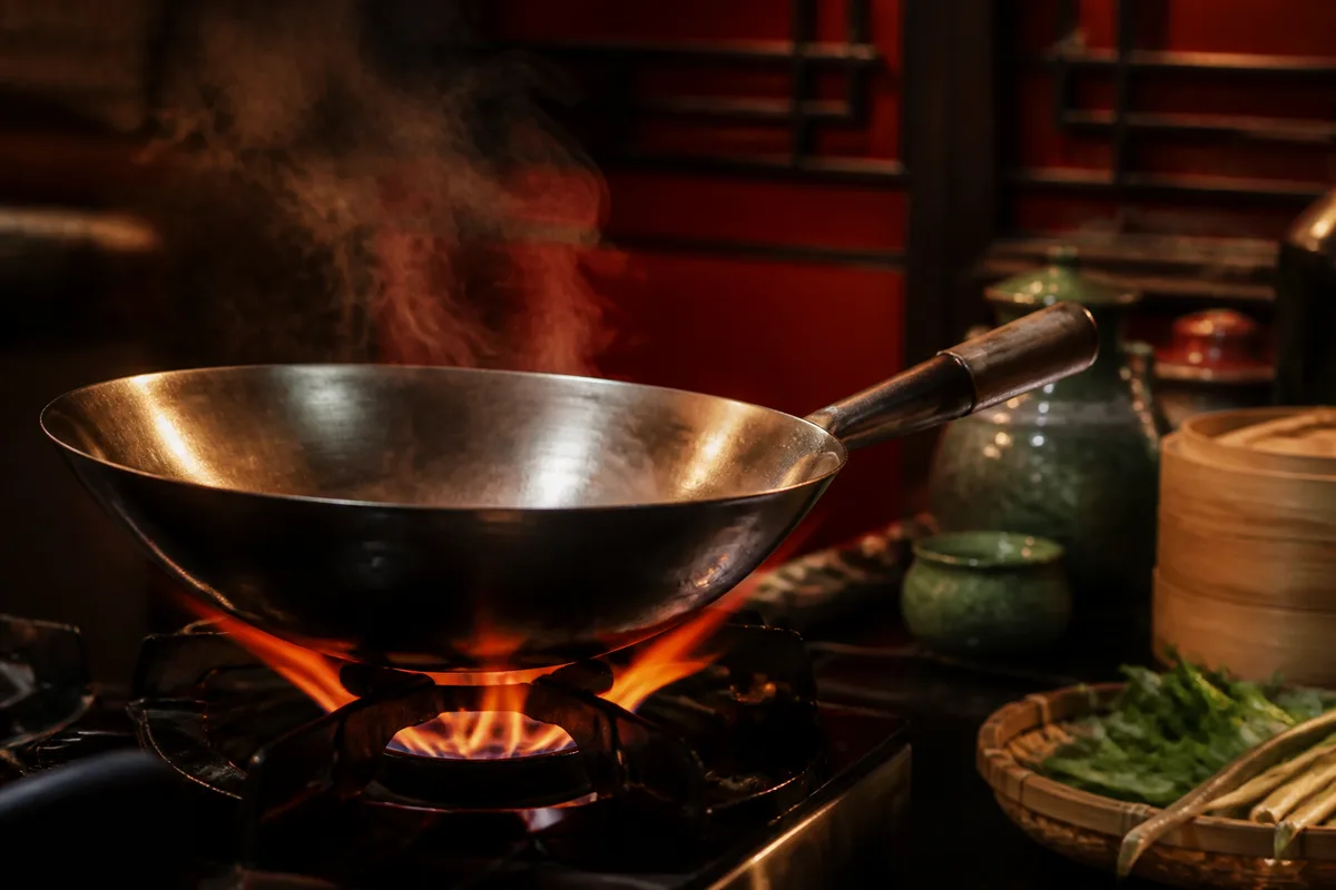 Wok en acier posé sur une flamme vive dans une cuisine domestique