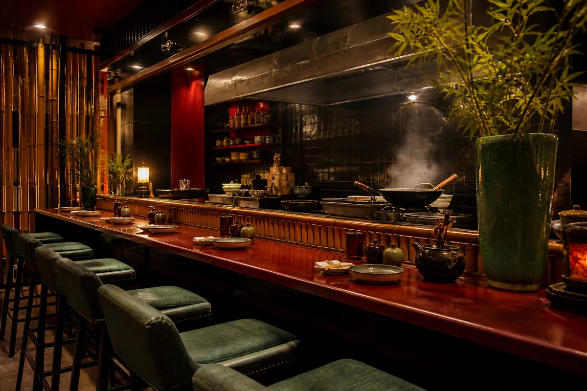 Comptoir japonais avec tabourets hauts et lumière chaude en soirée