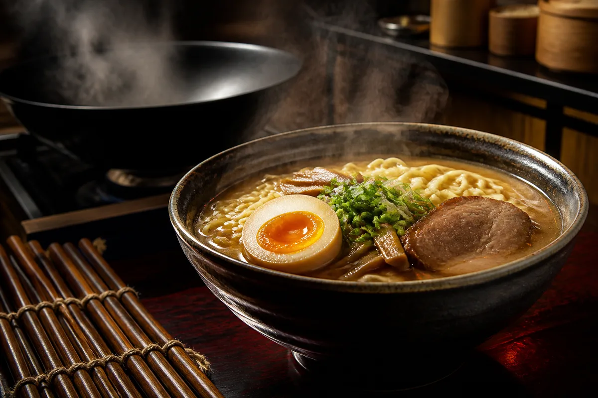 Bol de ramen fumant garni de nouilles, œuf mollet et ciboule