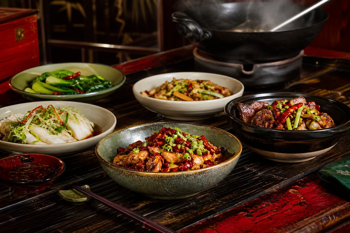 Table garnie de plusieurs plats chinois servis dans des bols en céramique