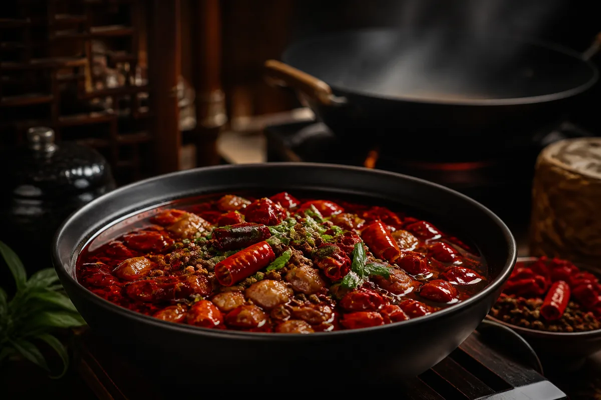 Plat sichuanais rouge de piment et de poivre servi dans un bol noir