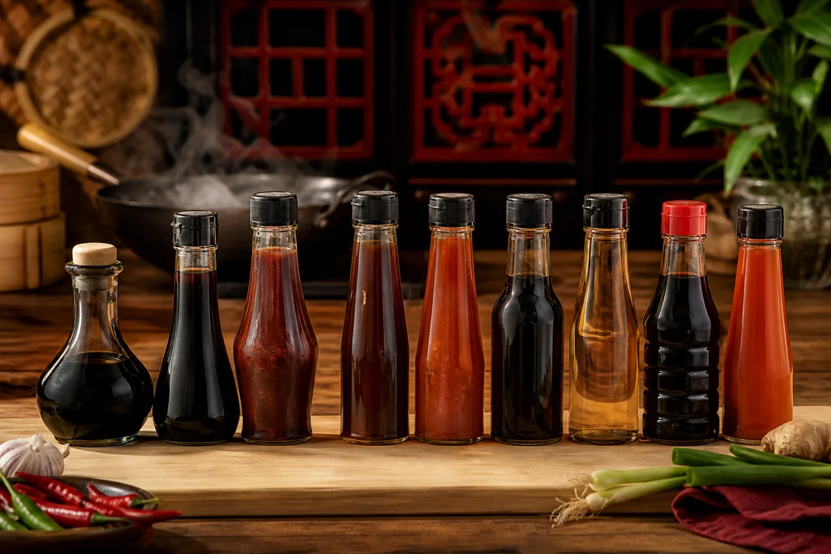Flacons de sauces asiatiques alignés sur un plan de travail en bois clair