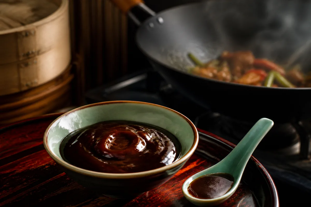 Bol de sauce hoisin brune et brillante à côté d’une cuillère en céramique