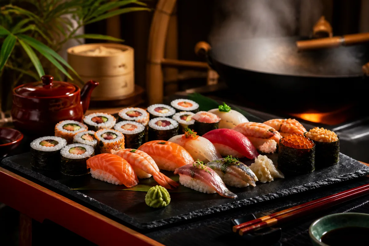 Assortiment de makis et de nigiris disposés sur un plateau en ardoise