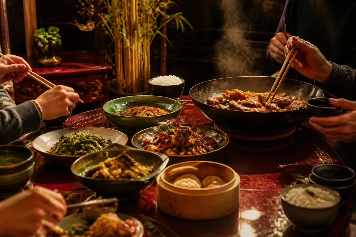 Plats chinois partagés au centre d&rsquo;une table entre plusieurs convives