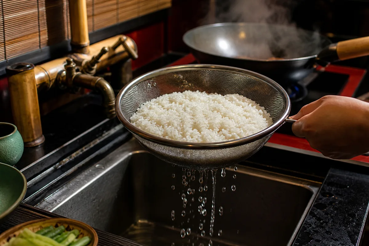 Grains de riz japonais rincés dans une passoire au-dessus d&rsquo;un évier