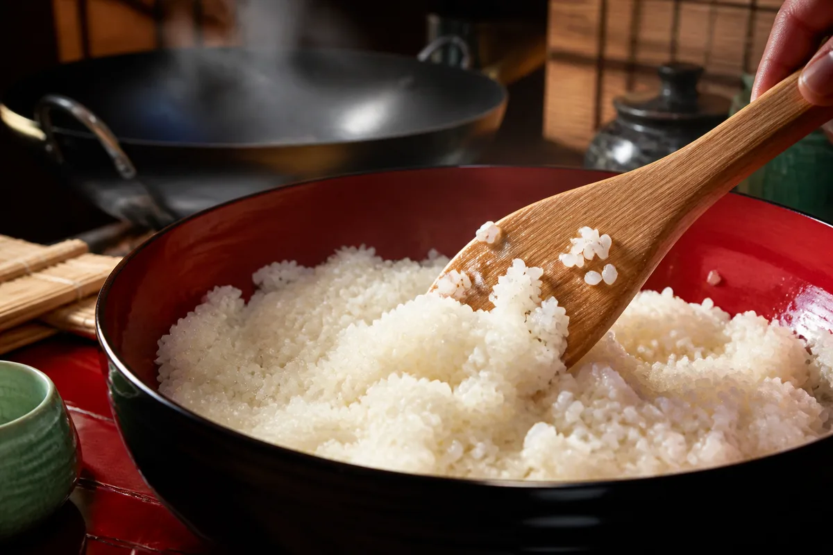 Spatule en bois mélangeant du riz vinaigré dans un large saladier