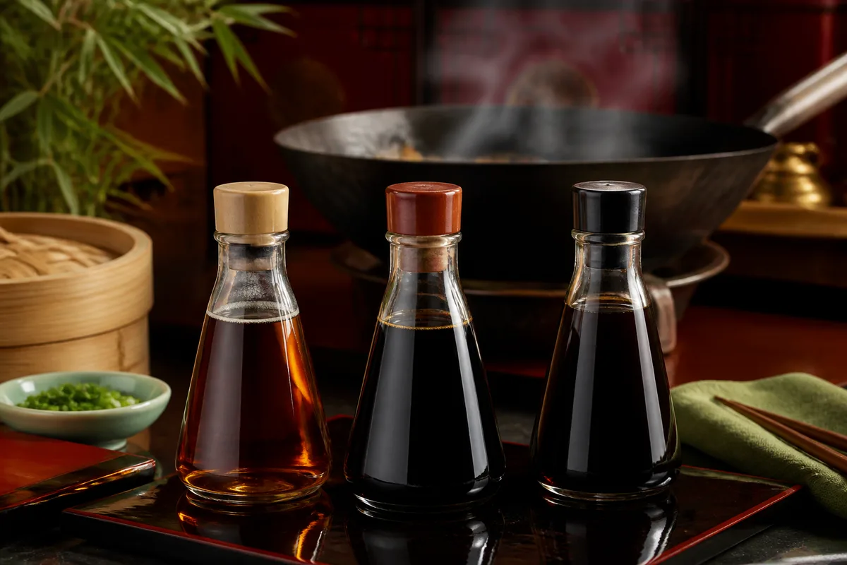 Trois bouteilles de sauce soja de teintes différentes devant un fond neutre