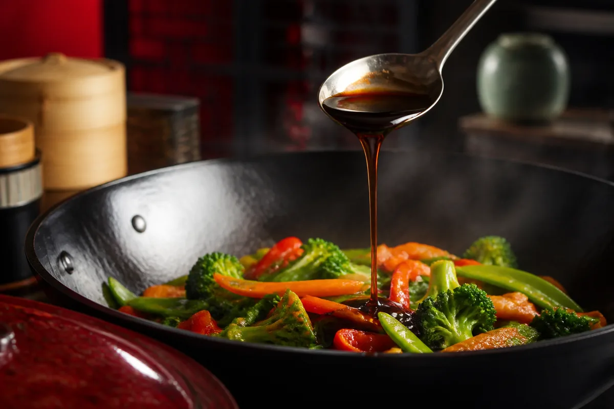 Cuillère versant de la sauce soja sur des légumes sautés dans une poêle